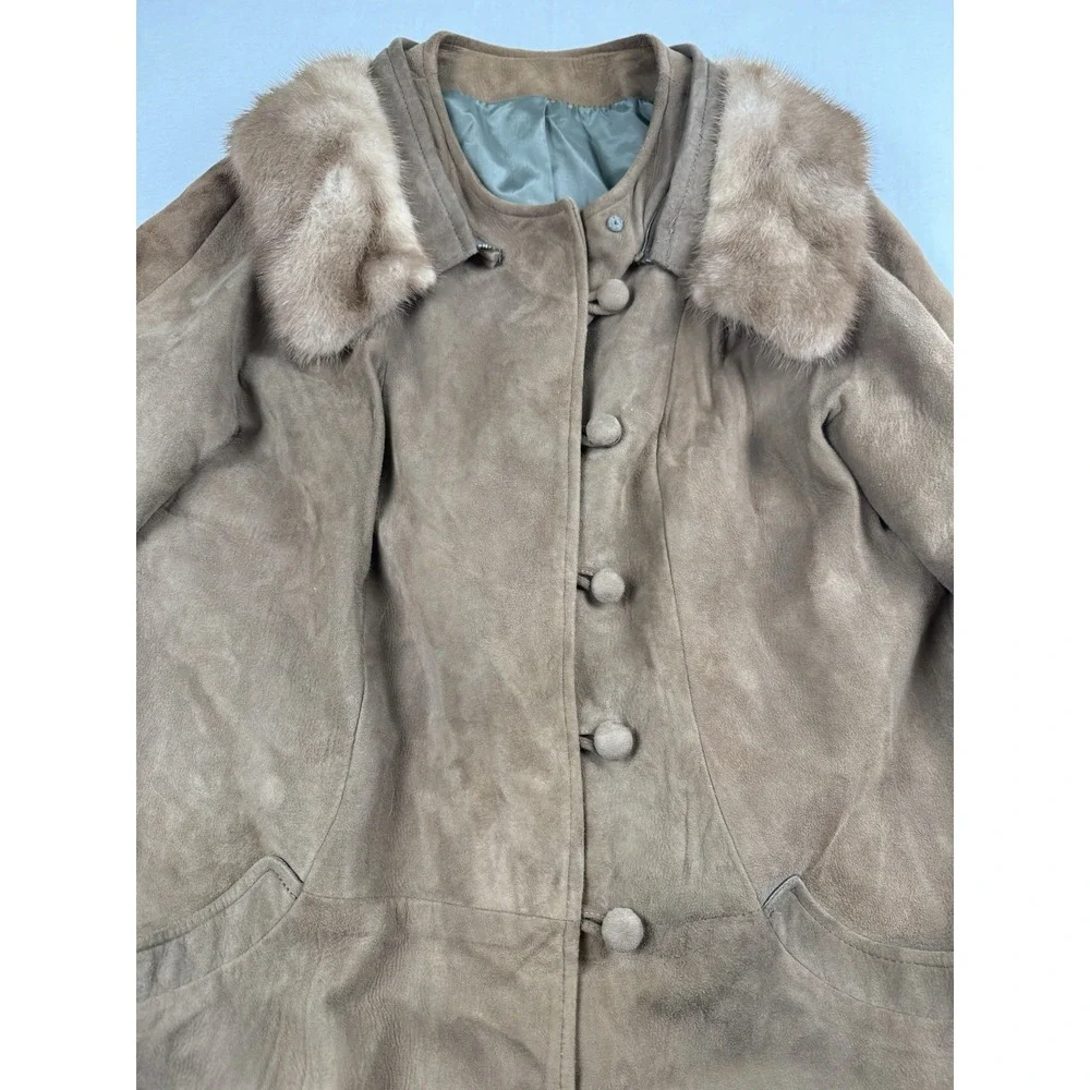 Highlander Vtg 1960's Brown Suede Mink Collar Coat Size M